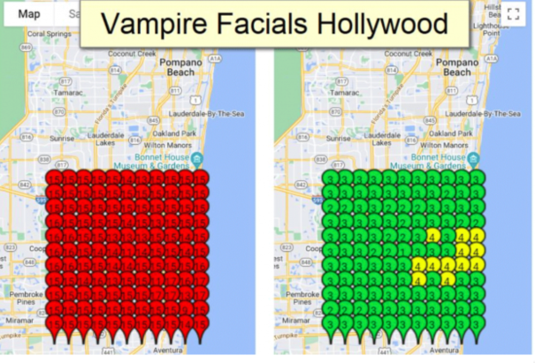 Before and after local map ranking grid for a Hollywood med spa