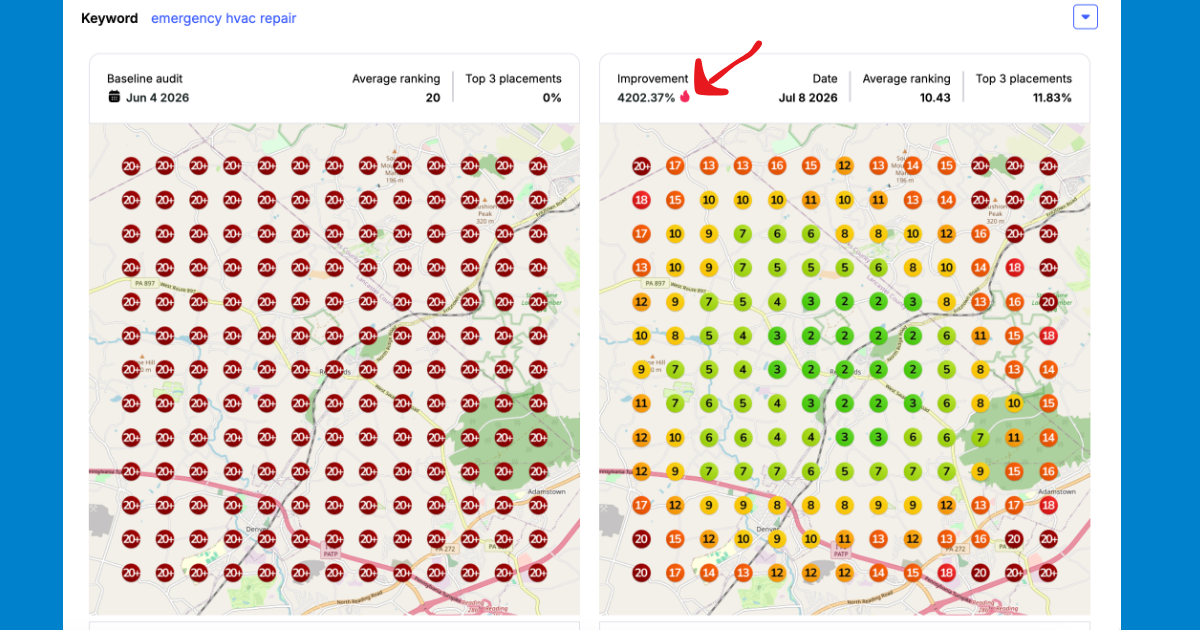 Emergency HVAC repair map ranking improvement from position 20+ to top 3 placements